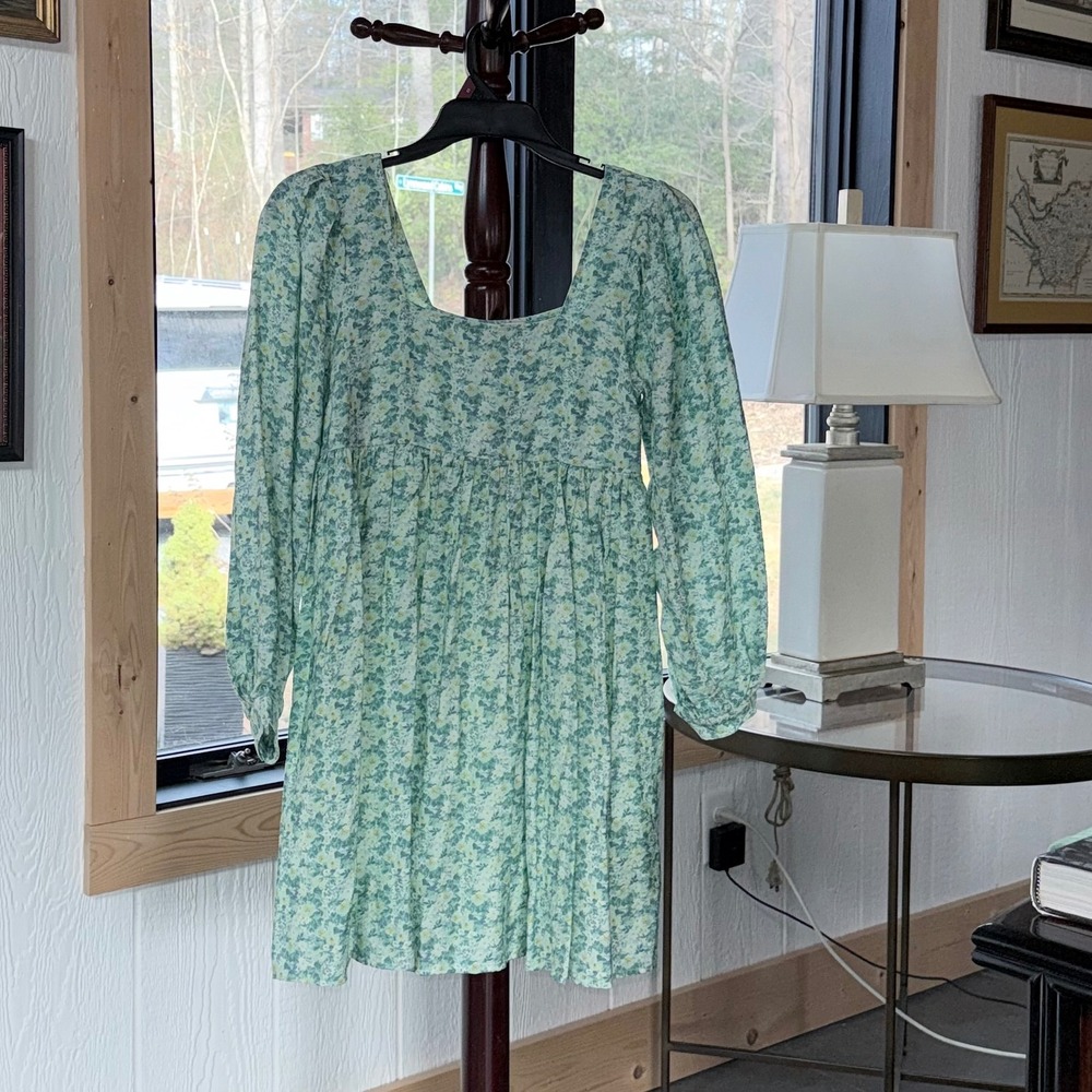 Moon River Boho Babydoll Floral Puff Sleeve Square Neck Mini Dress Small Green
